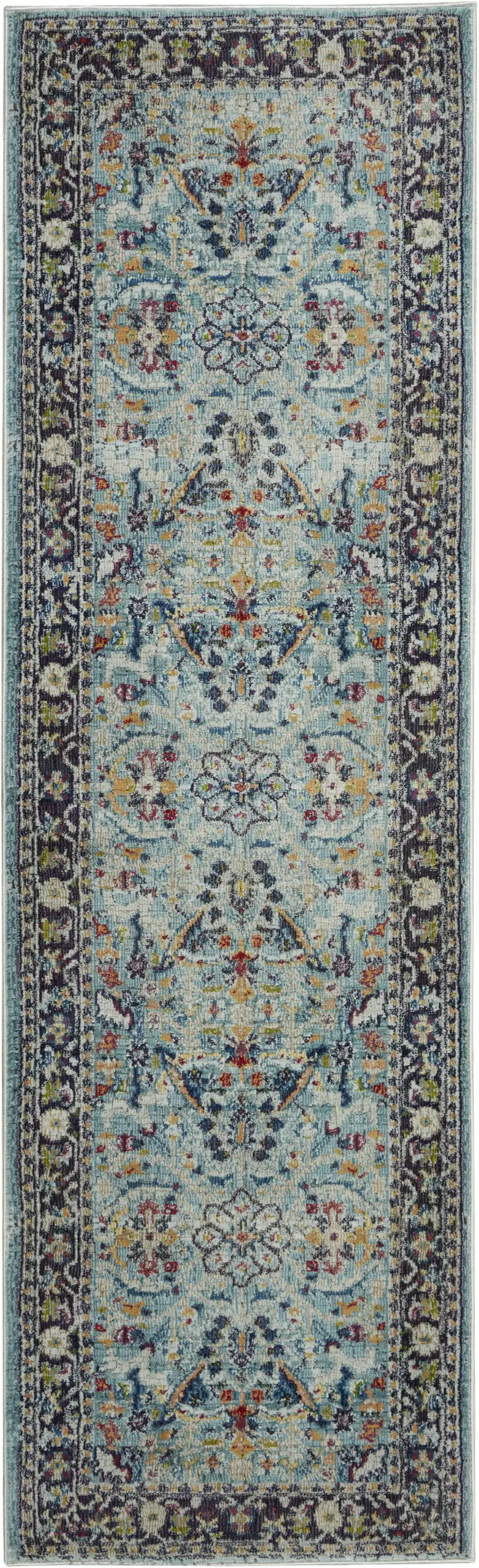8' Teal Blue Orange and Black Floral Distressed Non Skid Runner Rug Photo 2