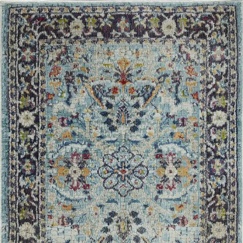 8' Teal Blue Orange and Black Floral Distressed Non Skid Runner Rug Photo 9