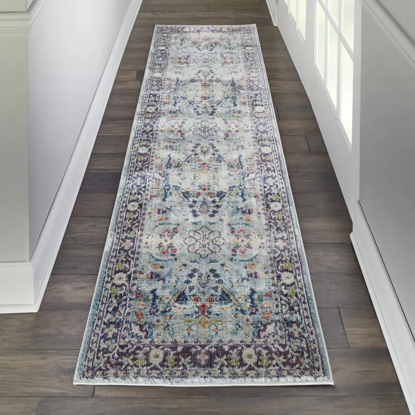 8' Teal Blue Orange and Black Floral Distressed Non Skid Runner Rug Photo 3