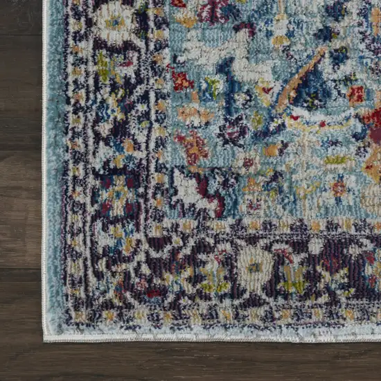 8' Teal Blue Orange and Black Floral Distressed Non Skid Runner Rug Photo 7