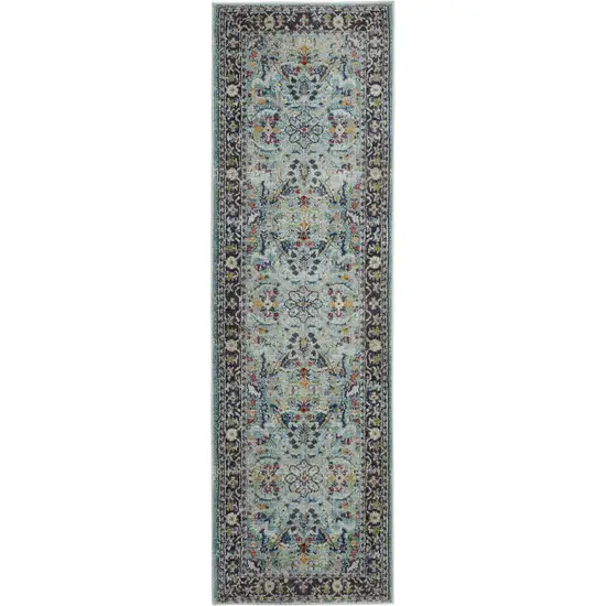 8' Teal Blue Orange and Black Floral Distressed Non Skid Runner Rug Photo 1