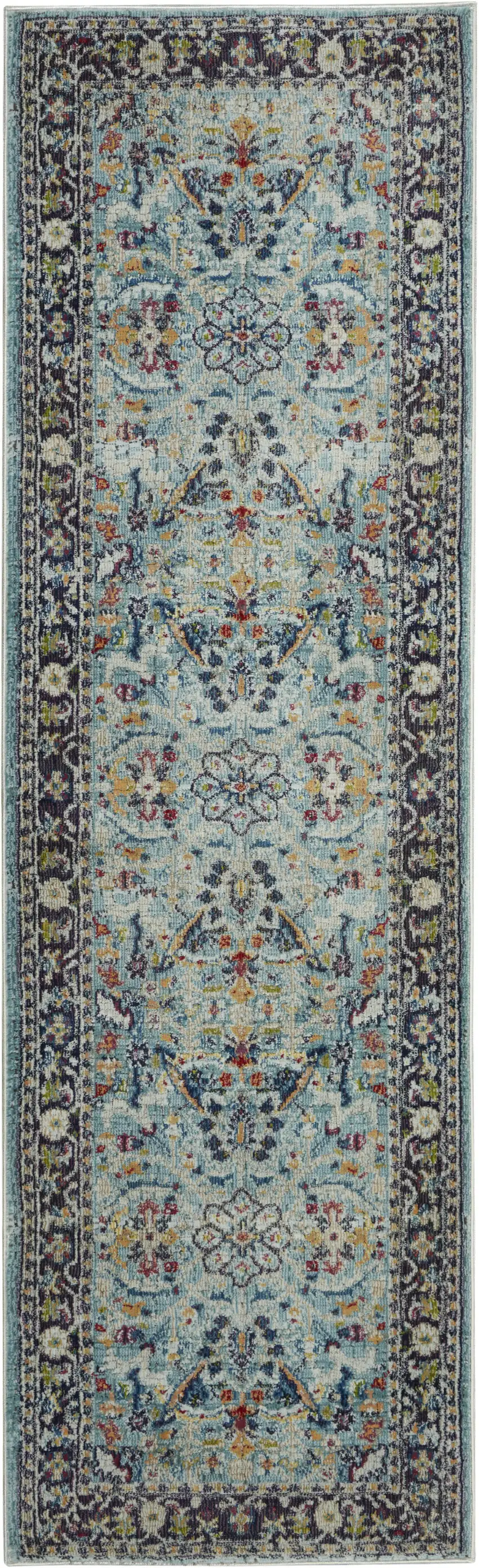 8' Teal Blue Orange and Black Floral Distressed Non Skid Runner Rug Photo 1