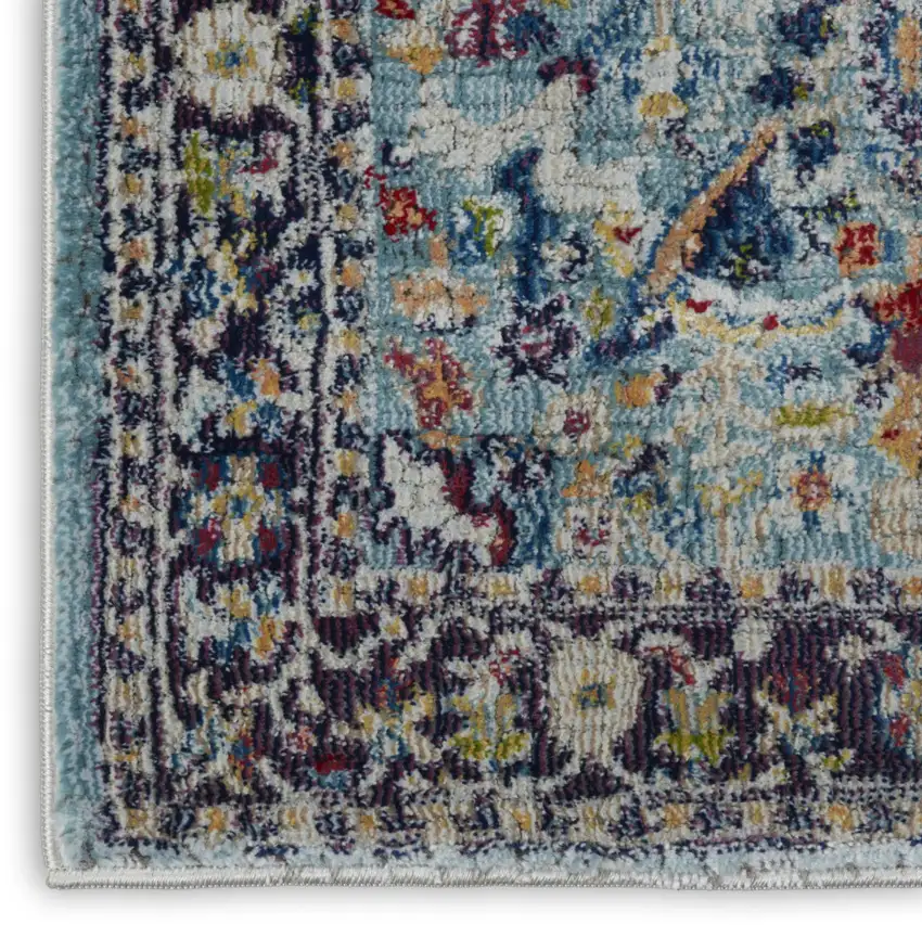 8' Teal Blue Orange and Black Floral Distressed Non Skid Runner Rug Photo 5