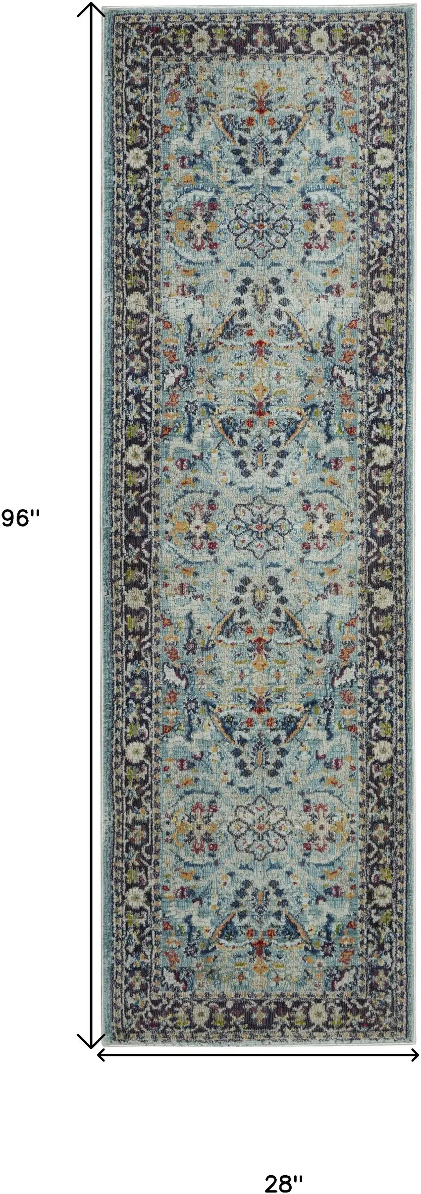 8' Teal Blue Orange and Black Floral Distressed Non Skid Runner Rug Photo 3
