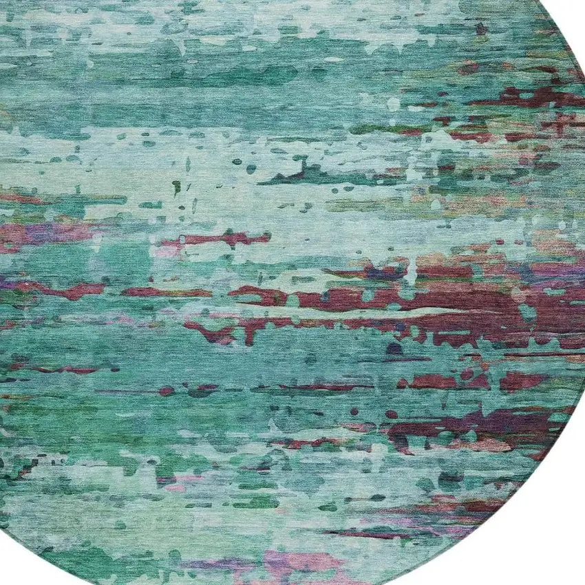 8' Teal Blue Pale Aqua And Plum Round Abstract Washable Indoor Outdoor Area Rug Photo 4