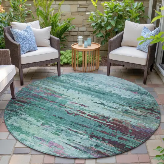 8' Teal Blue Pale Aqua And Plum Round Abstract Washable Indoor Outdoor Area Rug Photo 6