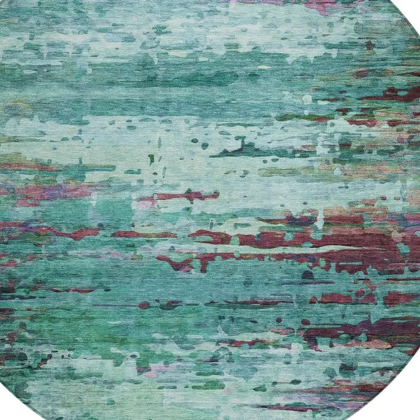 8' Teal Blue Pale Aqua And Plum Round Abstract Washable Indoor Outdoor Area Rug Photo 9