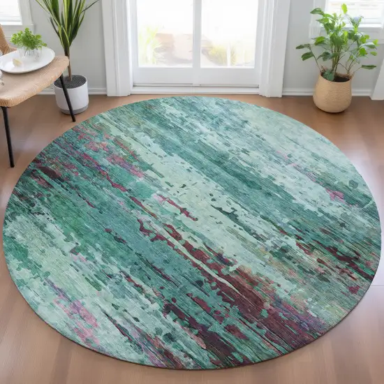 8' Teal Blue Pale Aqua And Plum Round Abstract Washable Indoor Outdoor Area Rug Photo 5