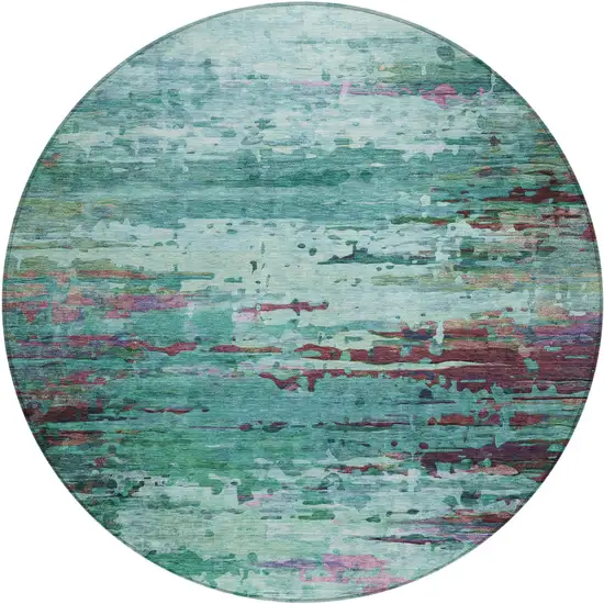 8' Teal Blue Pale Aqua And Plum Round Abstract Washable Indoor Outdoor Area Rug Photo 1