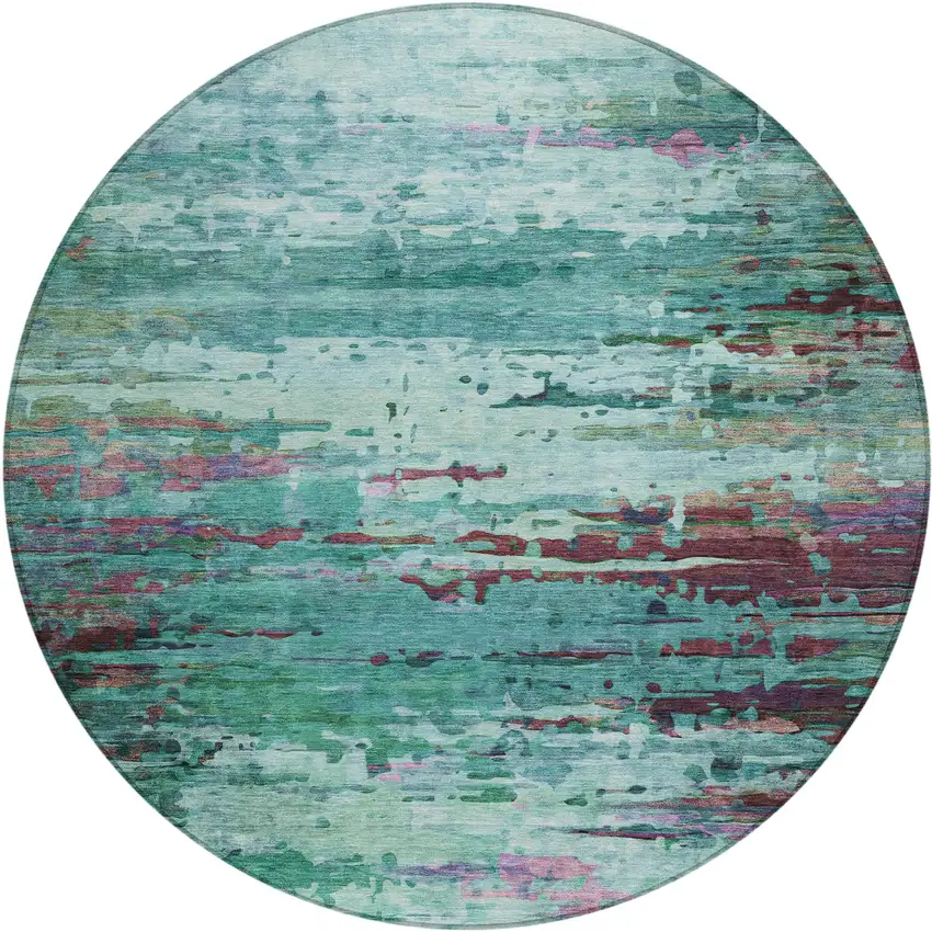 8' Teal Blue Pale Aqua And Plum Round Abstract Washable Indoor Outdoor Area Rug Photo 1