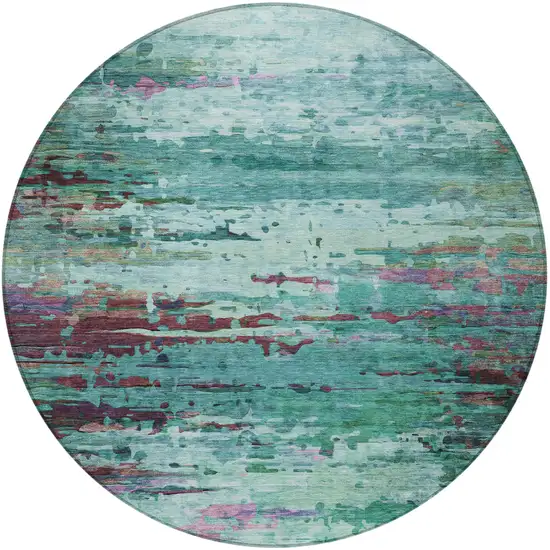 8' Teal Blue Pale Aqua And Plum Round Abstract Washable Indoor Outdoor Area Rug Photo 3