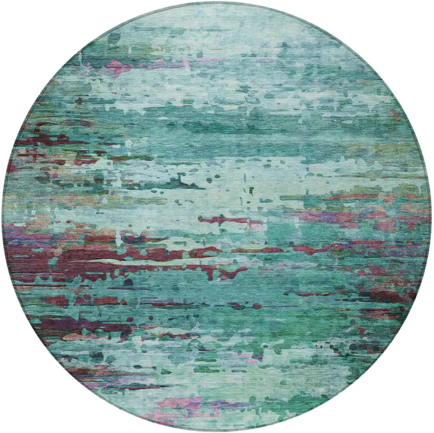 8' Teal Blue Pale Aqua And Plum Round Abstract Washable Indoor Outdoor Area Rug Photo 3