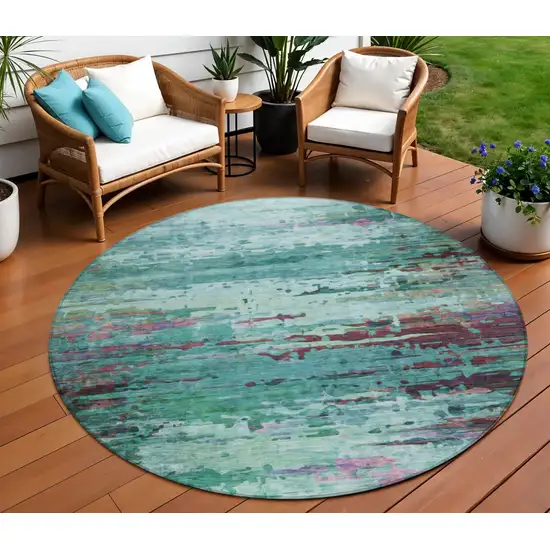 8' Teal Blue Pale Aqua And Plum Round Abstract Washable Indoor Outdoor Area Rug Photo 2