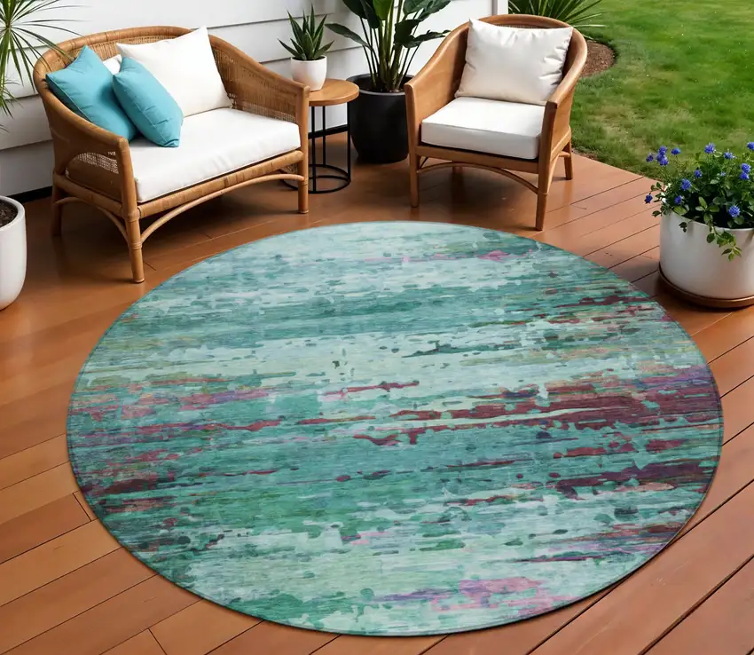 8' Teal Blue Pale Aqua And Plum Round Abstract Washable Indoor Outdoor Area Rug Photo 2