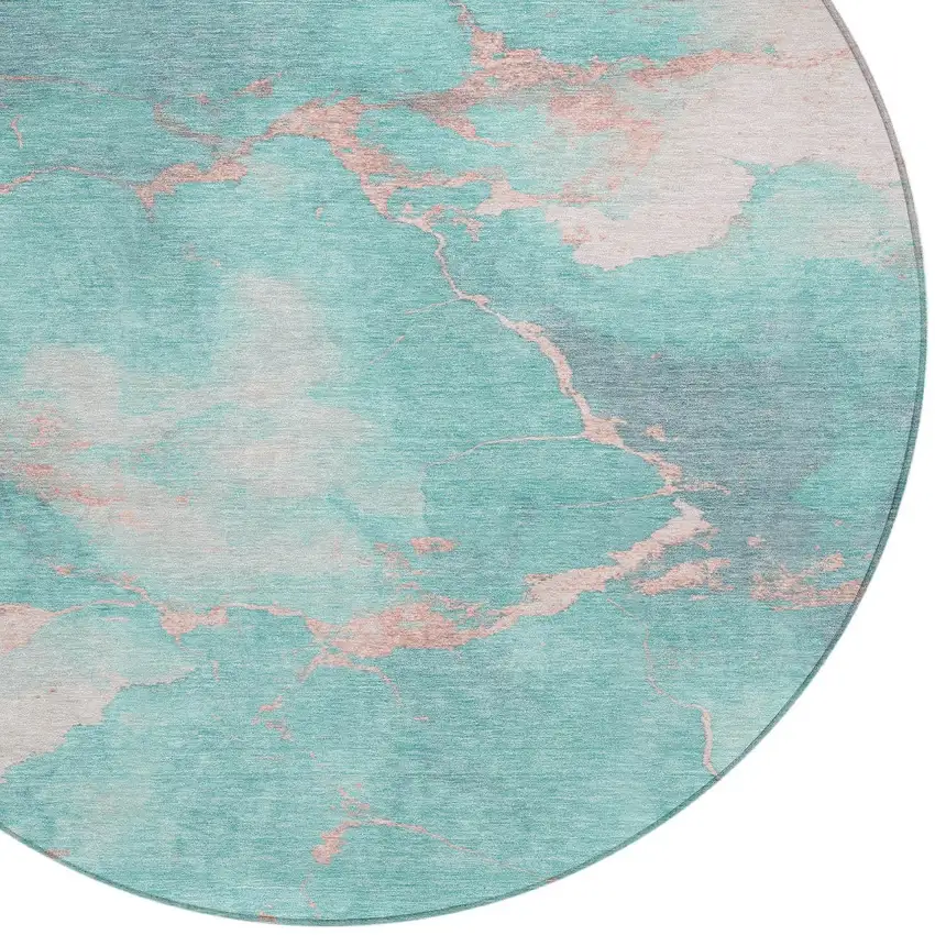 8' Teal Blue Peach And Ivory Round Abstract Washable Indoor Outdoor Area Rug Photo 8