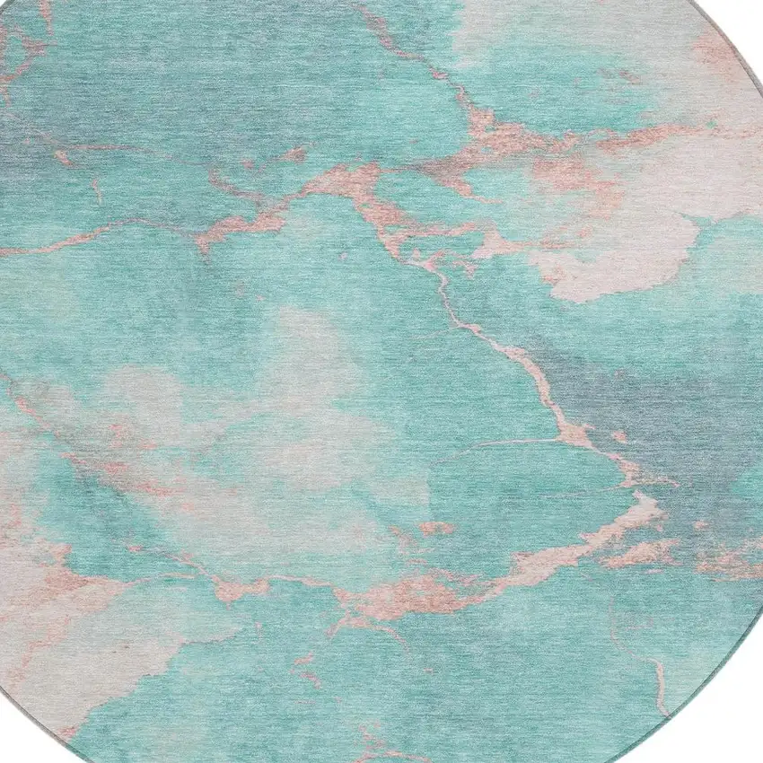 8' Teal Blue Peach And Ivory Round Abstract Washable Indoor Outdoor Area Rug Photo 4