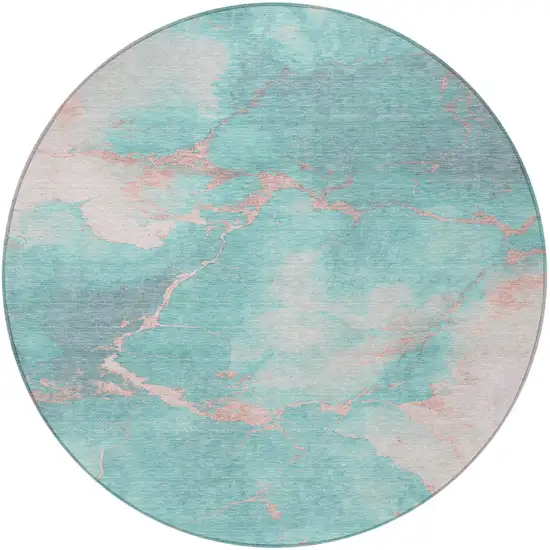 8' Teal Blue Peach And Ivory Round Abstract Washable Indoor Outdoor Area Rug Photo 3