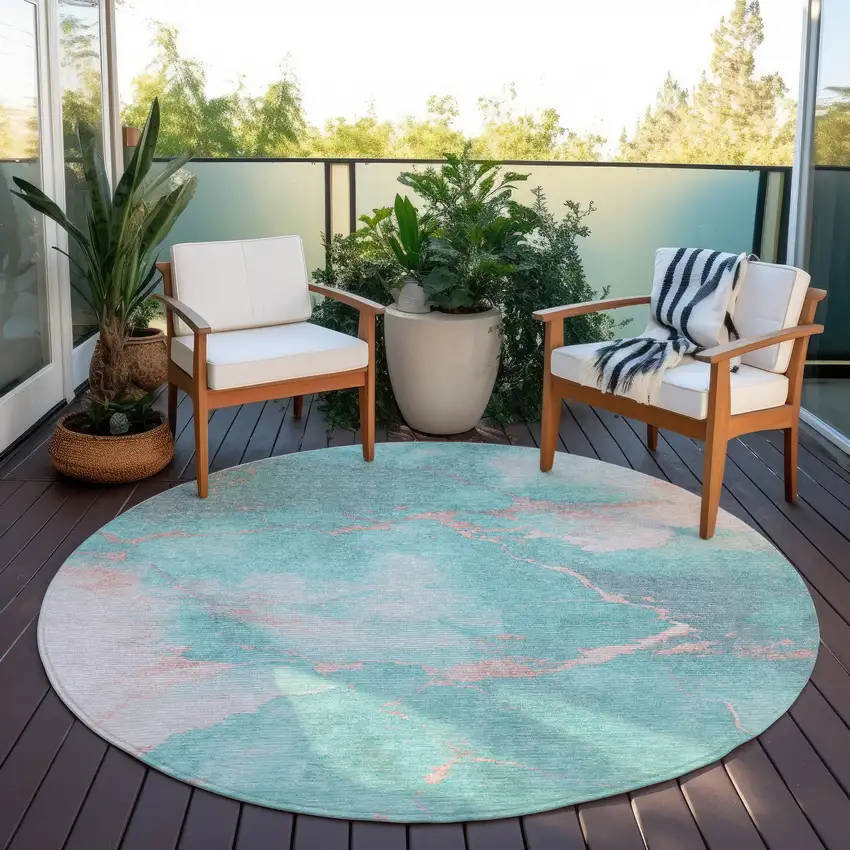 8' Teal Blue Peach And Ivory Round Abstract Washable Indoor Outdoor Area Rug Photo 5