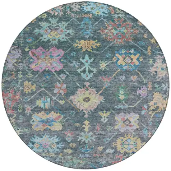 8' Teal Blue Pink And Gold Round Floral Washable Indoor Outdoor Area Rug Photo 4