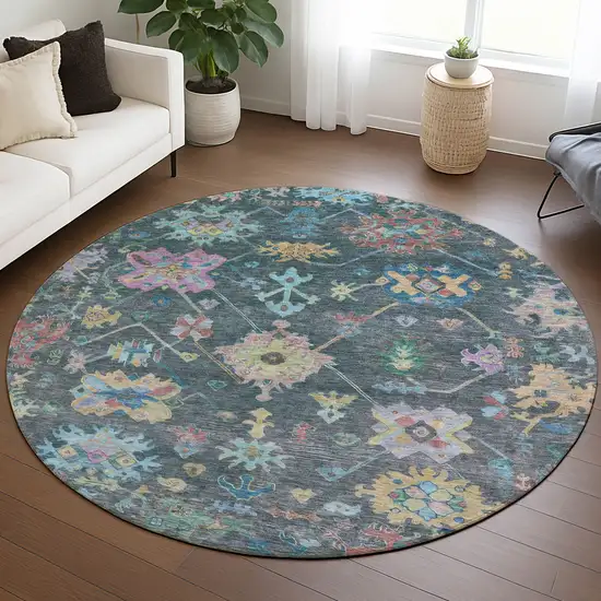 8' Teal Blue Pink And Gold Round Floral Washable Indoor Outdoor Area Rug Photo 7