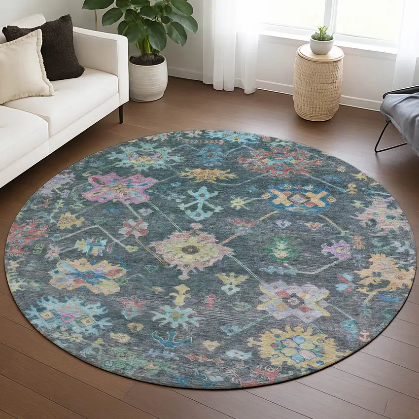 8' Teal Blue Pink And Gold Round Floral Washable Indoor Outdoor Area Rug Photo 7