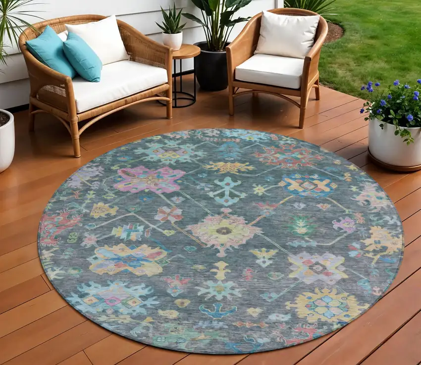 8' Teal Blue Pink And Gold Round Floral Washable Indoor Outdoor Area Rug Photo 1