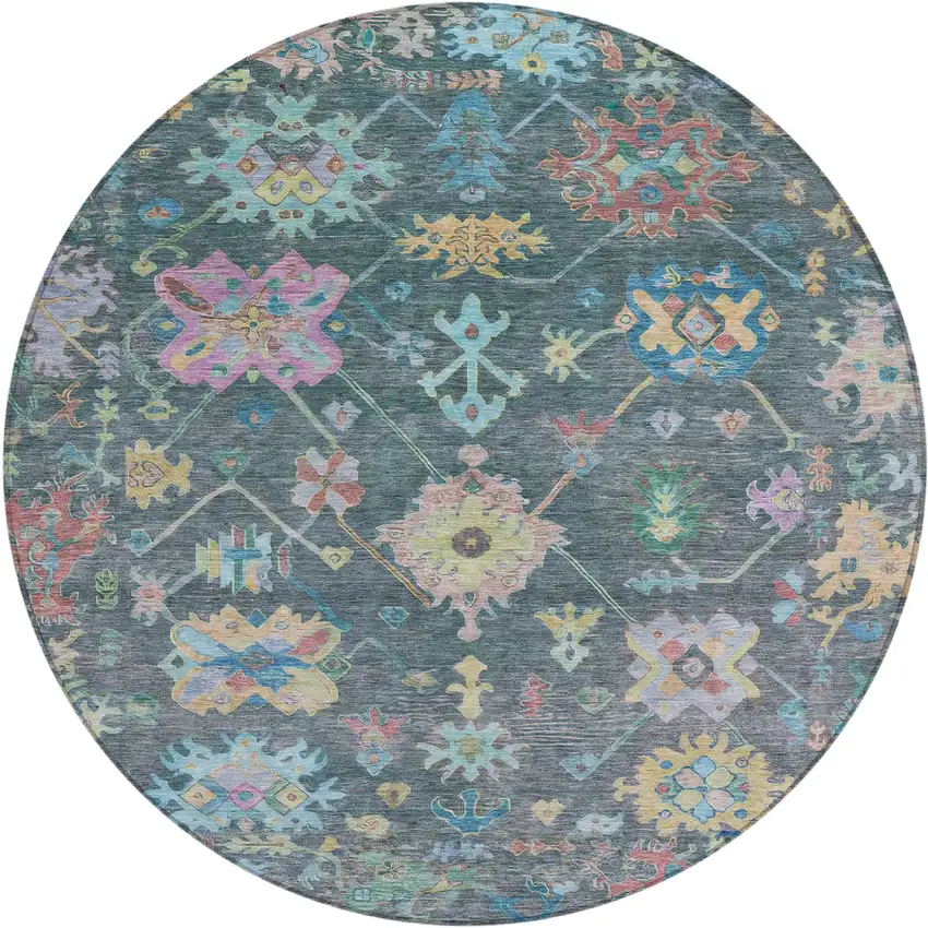 8' Teal Blue Pink And Gold Round Floral Washable Indoor Outdoor Area Rug Photo 2