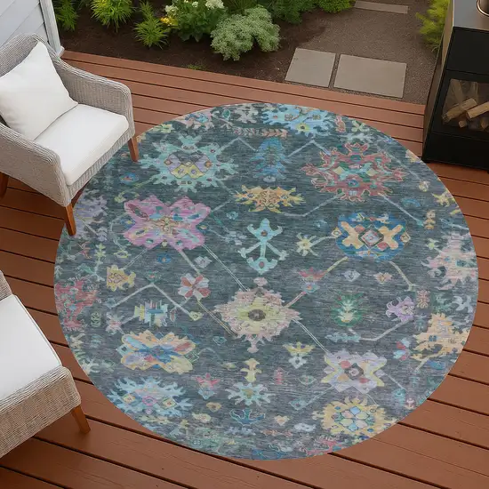 8' Teal Blue Pink And Gold Round Floral Washable Indoor Outdoor Area Rug Photo 7