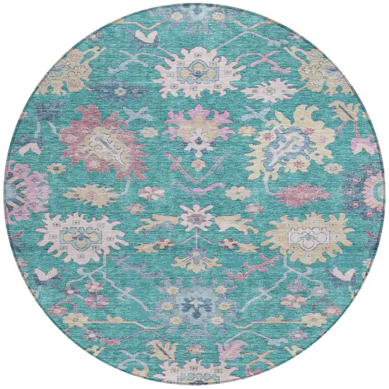 8' Teal Blue Pink And Ivory Round Floral Washable Indoor Outdoor Area Rug Photo 7