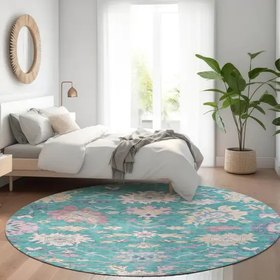 8' Teal Blue Pink And Ivory Round Floral Washable Indoor Outdoor Area Rug Photo 9