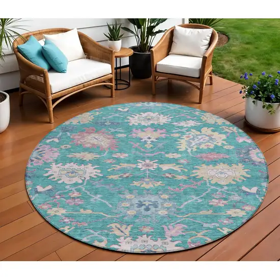 8' Teal Blue Pink And Ivory Round Floral Washable Indoor Outdoor Area Rug Photo 1