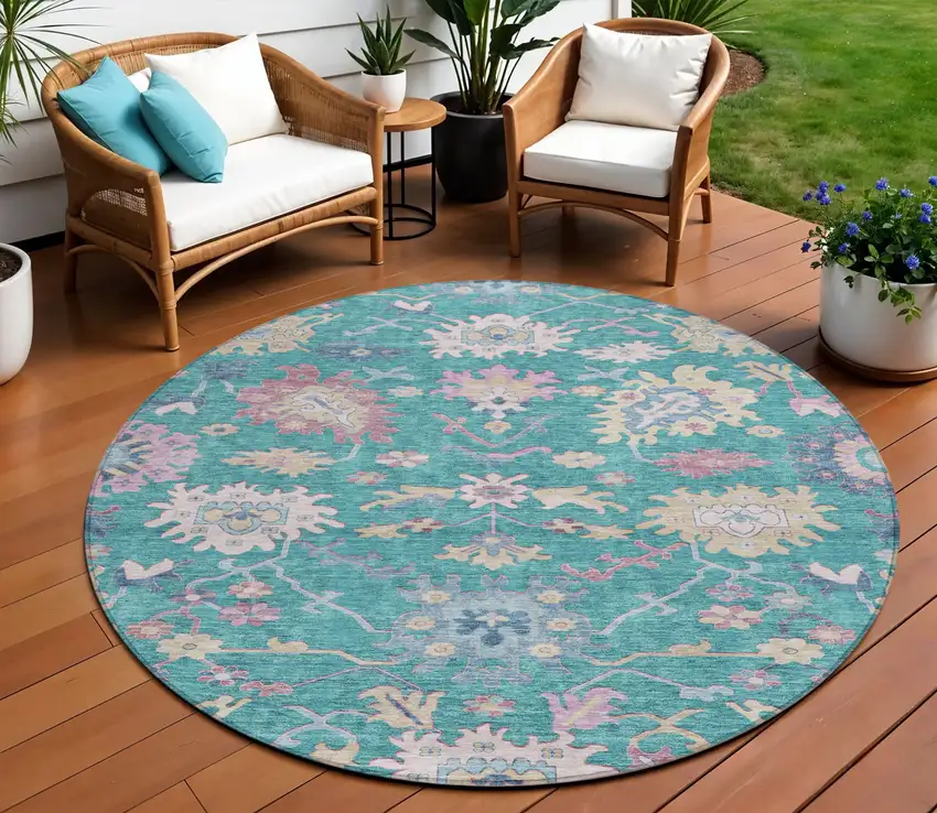 8' Teal Blue Pink And Ivory Round Floral Washable Indoor Outdoor Area Rug Photo 1