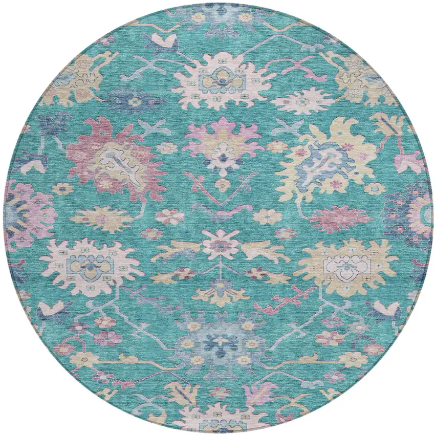 8' Teal Blue Pink And Ivory Round Floral Washable Indoor Outdoor Area Rug Photo 2