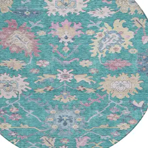 Photo of 8' Teal Blue Pink And Ivory Round Floral Washable Indoor Outdoor Area Rug