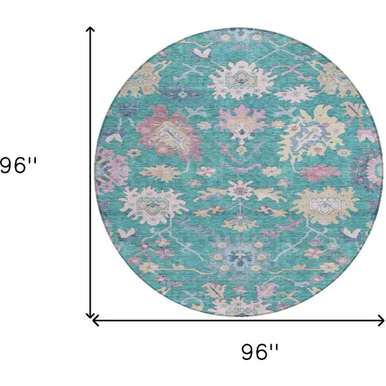 8' Teal Blue Pink And Ivory Round Floral Washable Indoor Outdoor Area Rug Photo 8