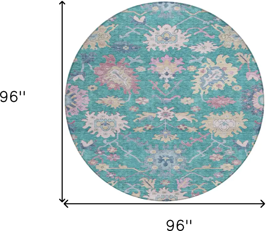 8' Teal Blue Pink And Ivory Round Floral Washable Indoor Outdoor Area Rug Photo 8