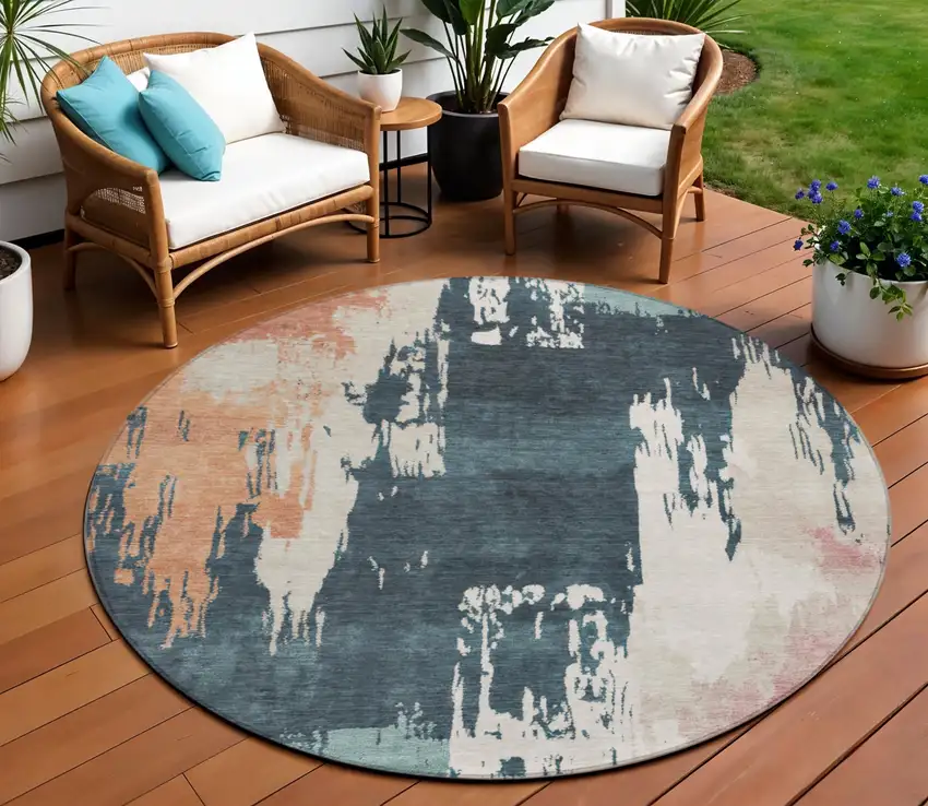 8' Teal Blue Pink And Orange Round Abstract Washable Indoor Outdoor Area Rug Photo 1