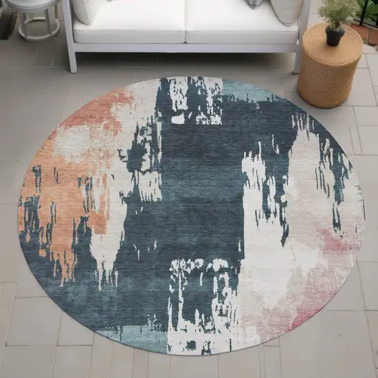 8' Teal Blue Pink And Orange Round Abstract Washable Indoor Outdoor Area Rug Photo 8