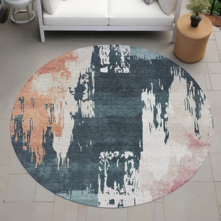 8' Teal Blue Pink And Orange Round Abstract Washable Indoor Outdoor Area Rug Photo 8