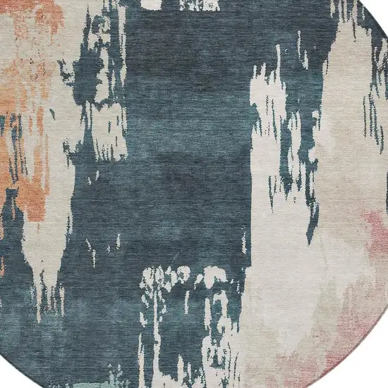 8' Teal Blue Pink And Orange Round Abstract Washable Indoor Outdoor Area Rug Photo 7