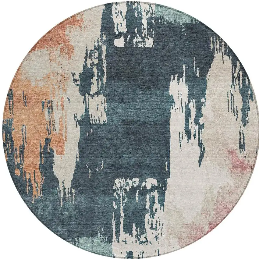 8' Teal Blue Pink And Orange Round Abstract Washable Indoor Outdoor Area Rug Photo 4