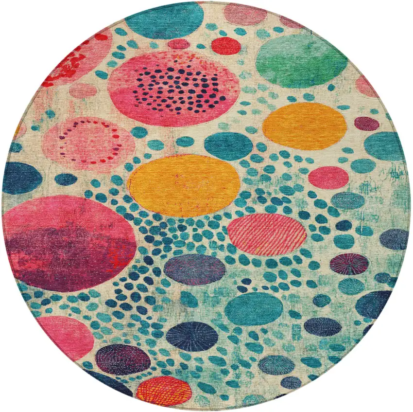 8' Teal Blue Pink And Orange Round Geometric Washable Indoor Outdoor Area Rug Photo 4