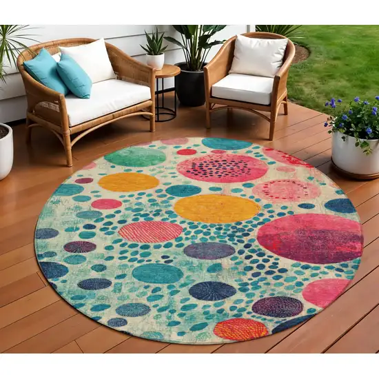 8' Teal Blue Pink And Orange Round Geometric Washable Indoor Outdoor Area Rug Photo 2