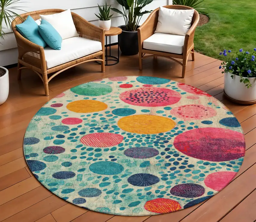 8' Teal Blue Pink And Orange Round Geometric Washable Indoor Outdoor Area Rug Photo 2