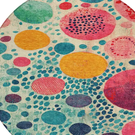 8' Teal Blue Pink And Orange Round Geometric Washable Indoor Outdoor Area Rug Photo 8