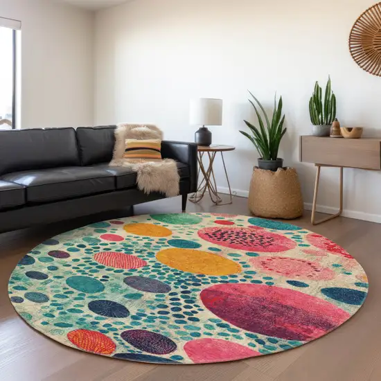 8' Teal Blue Pink And Orange Round Geometric Washable Indoor Outdoor Area Rug Photo 6