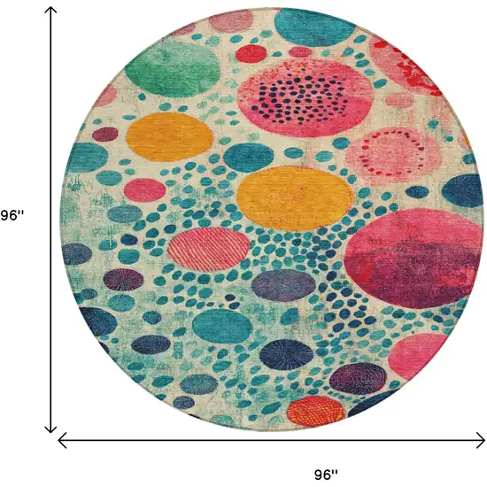 8' Teal Blue Pink And Orange Round Geometric Washable Indoor Outdoor Area Rug Photo 9