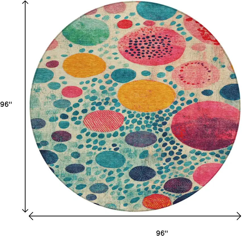 8' Teal Blue Pink And Orange Round Geometric Washable Indoor Outdoor Area Rug Photo 9