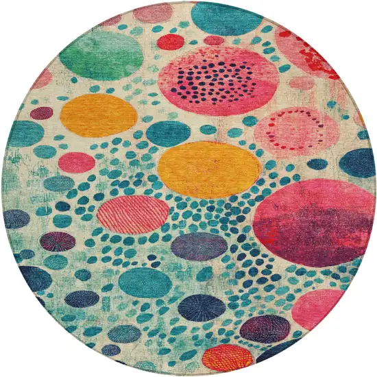 8' Teal Blue Pink And Orange Round Geometric Washable Indoor Outdoor Area Rug Photo 1