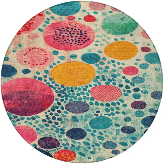 8' Teal Blue Pink And Orange Round Geometric Washable Indoor Outdoor Area Rug Photo 3